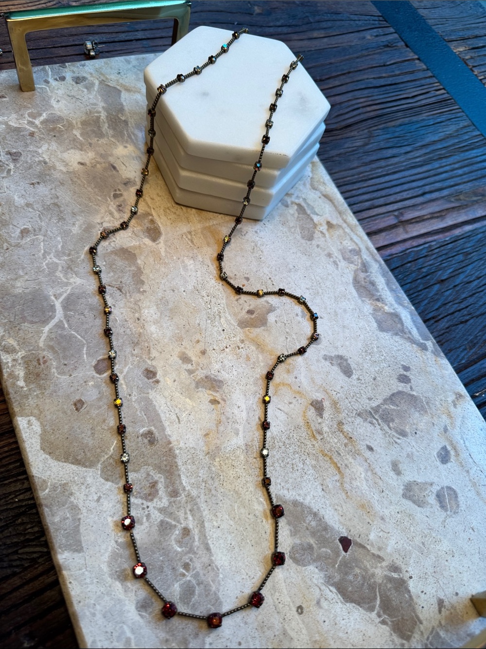 Sorrelli -Long 36” Station Necklace with Garnet and Gold-Tone Accents